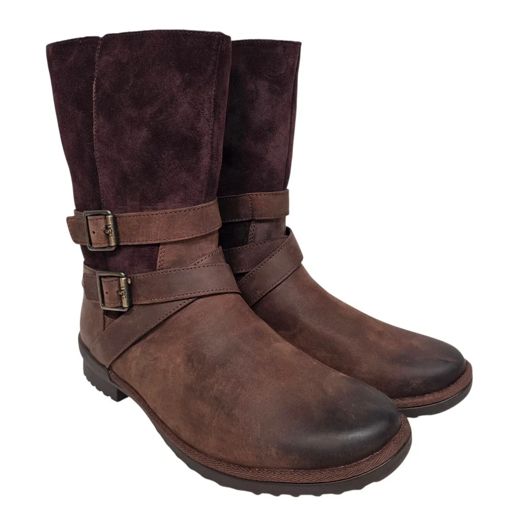 NEW UGG Simmens Boots Women 9 Brown Leather Suede Waterproof Buckle 1095155